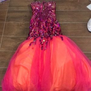 orange and pink sequence prom dress
